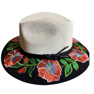Mexican straw hat with multicolor floral embroidery around the brim Size Large